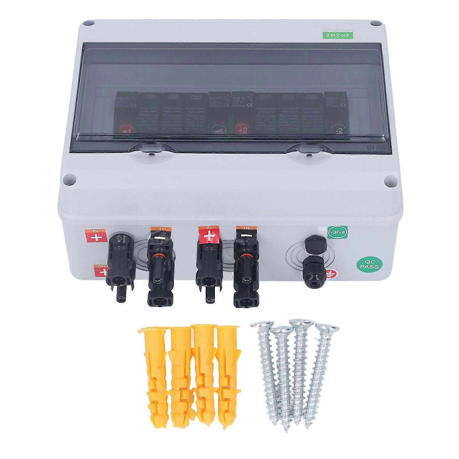 Ouitble Solar PV Combiner Box,2 in 1 out 2 String Solar Distribution Combiner Box Connector,IP65 Waterproof PV Combiner Box with 40KA Arrester