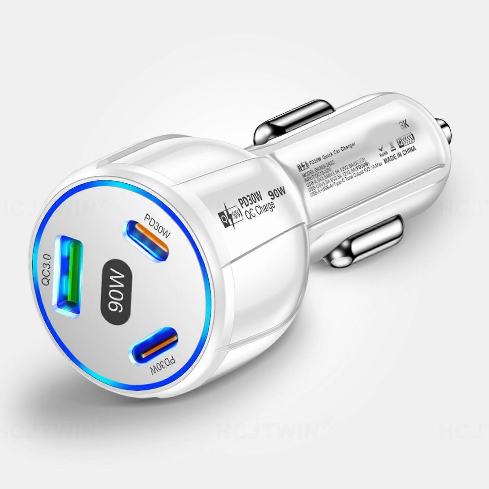 Advanced 90W USB C Car Chargers with Two PD and QC3.0 Technology for Faster Charging White