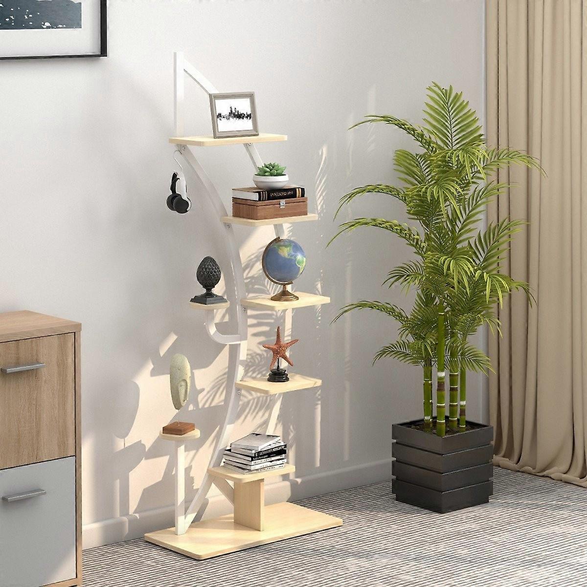 6-tier metal plant stand in crescent shape with 2 small shelves & white hooks
