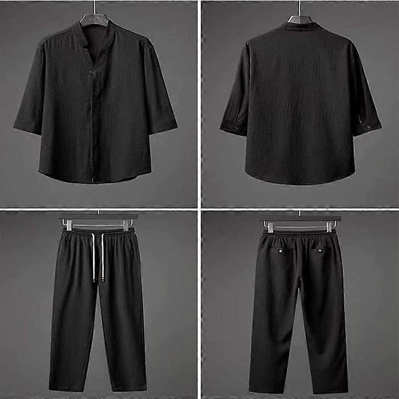 CLOTHING SET 2 Piece Linen Set for Men Summer Outfits for Beach Vacation Casual Black