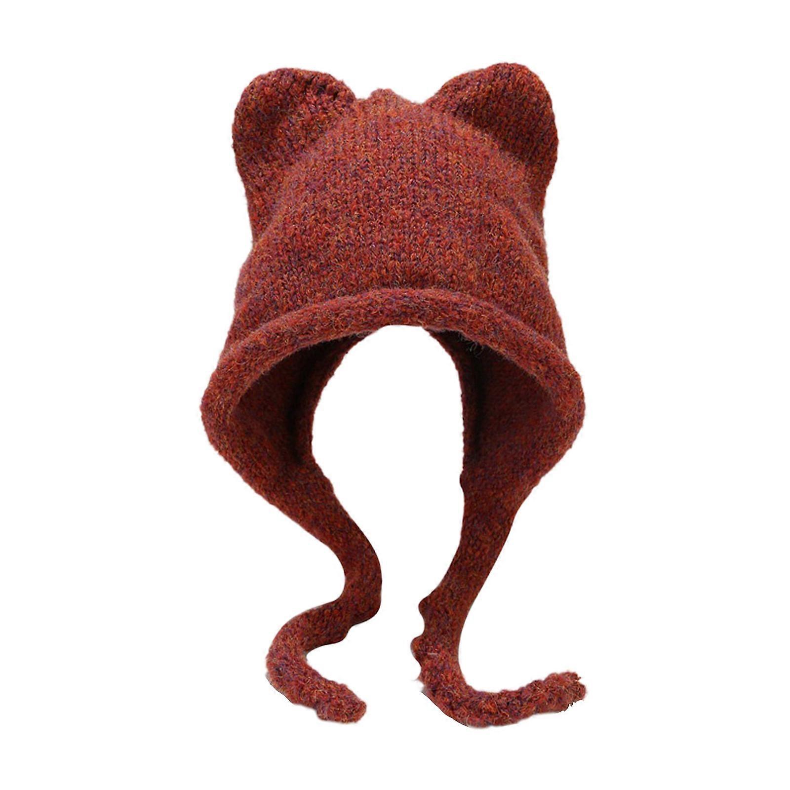 Windproof Hat for Students Kitten Ear Shape Foldable Crochet Winter Hat Kitten Ear Shape Keep Warm Ear Protects Hat  Brick red