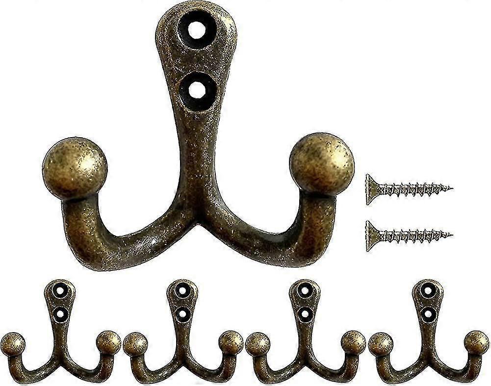 5 Vintage Bronze Double Coat Hooks - Heavy Duty Wall Hooks for Coats, Hats, Towels - Set of 5 with Screws