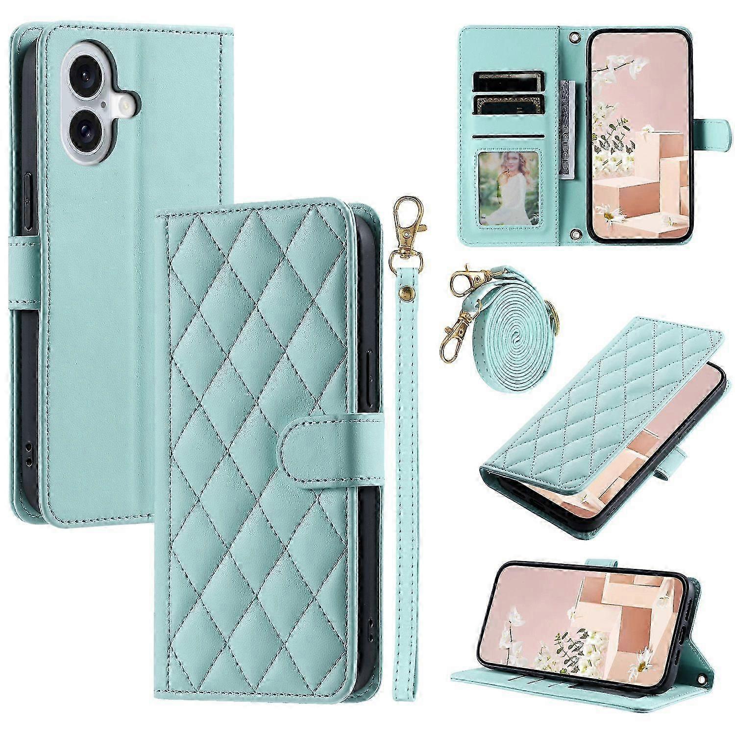 For iPhone 16 Case Rhombus Grid Leather Phone Cover with 2 Straps