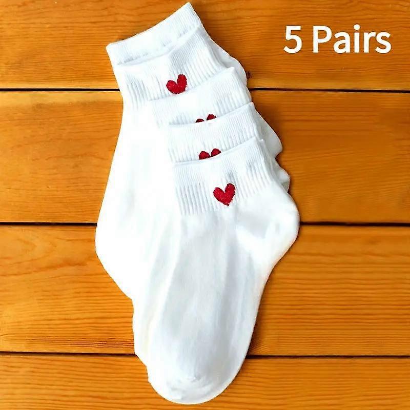 5 Pairs of Heart-shaped Printed Pure White Socks, Breathable and Comfortable Socks, Suitable for All Seasons