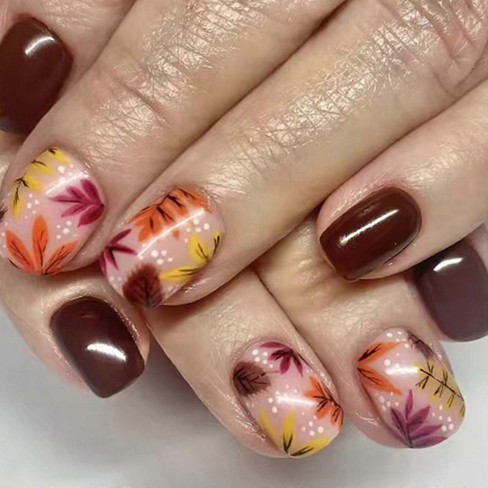 24 Pcs Autumn Leaf False Nails Thanksgiving Artificial Nails Fall Full Cover Stick on Nails Short Square Press On Nails