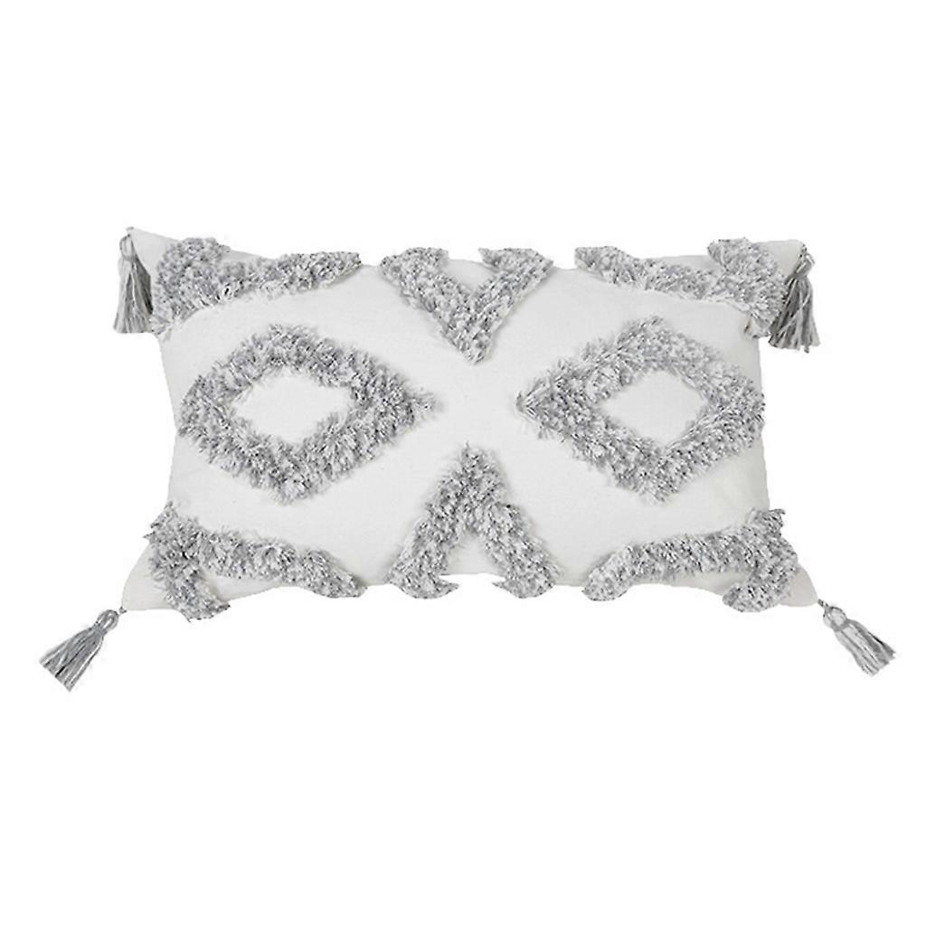 Gray White Tufted Pillow for Case Tassel Morocco Boho Geometric Clover Cushion C