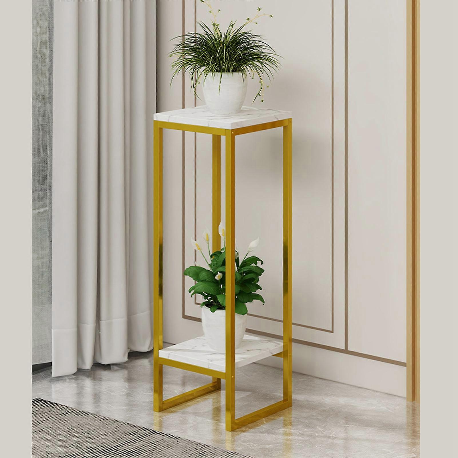 2 Tiers Flower Stand 60cm Sturdy Iron Frame Multifunctional Easy Assembly Flower Pot Shelf for Balcony Garden Entryway Gold Frame White Tray 