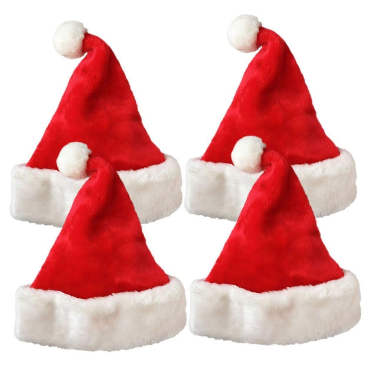 Plush Santa Hats 4 Pack Christmas Tree Toppers Family Party Decorations Soft Fabric Red and White Design