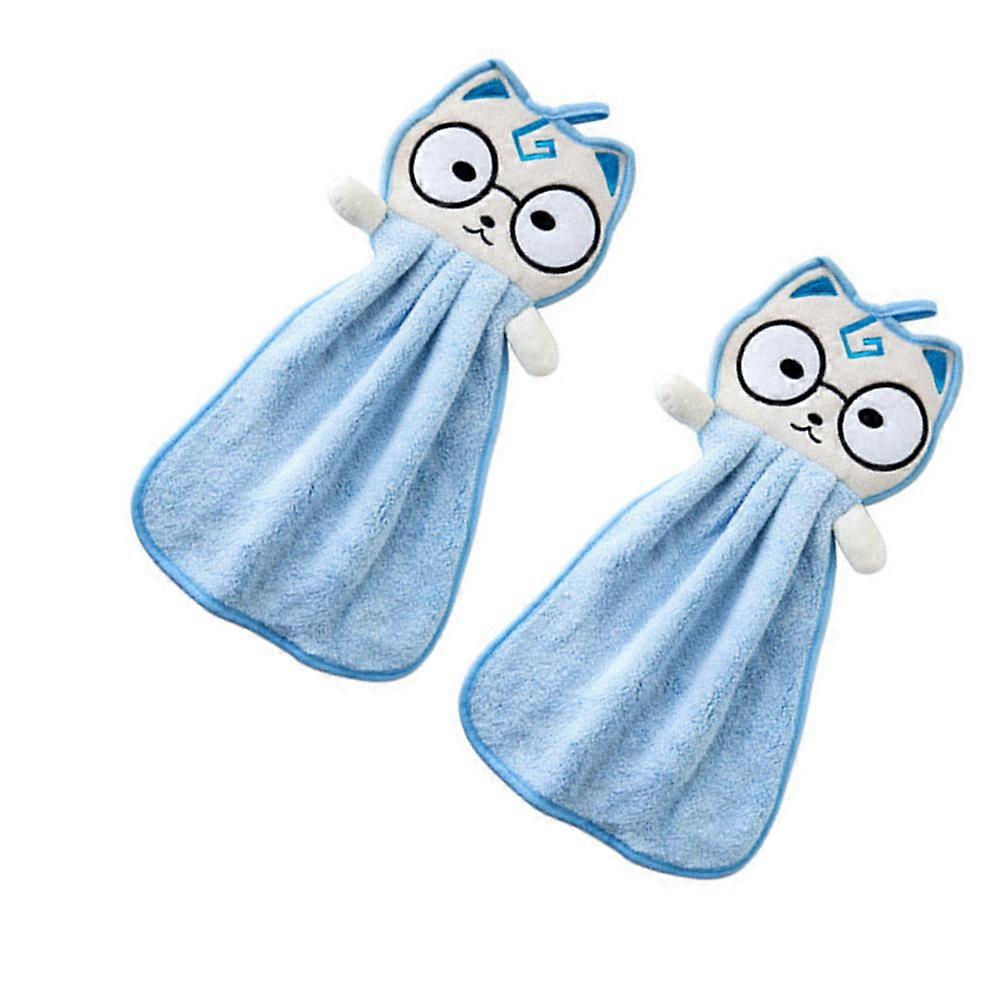 Cute Cat Towel Hand Towel Blue Polyester Bathroom Use Kids Handkerchief Home Use 2Pack