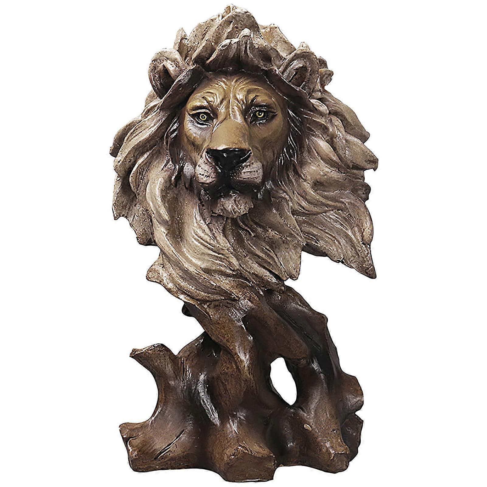 Lion Bust Head Statues, Faux Wood Finish Resin Sculptures, Animal Bust Collectible Figures