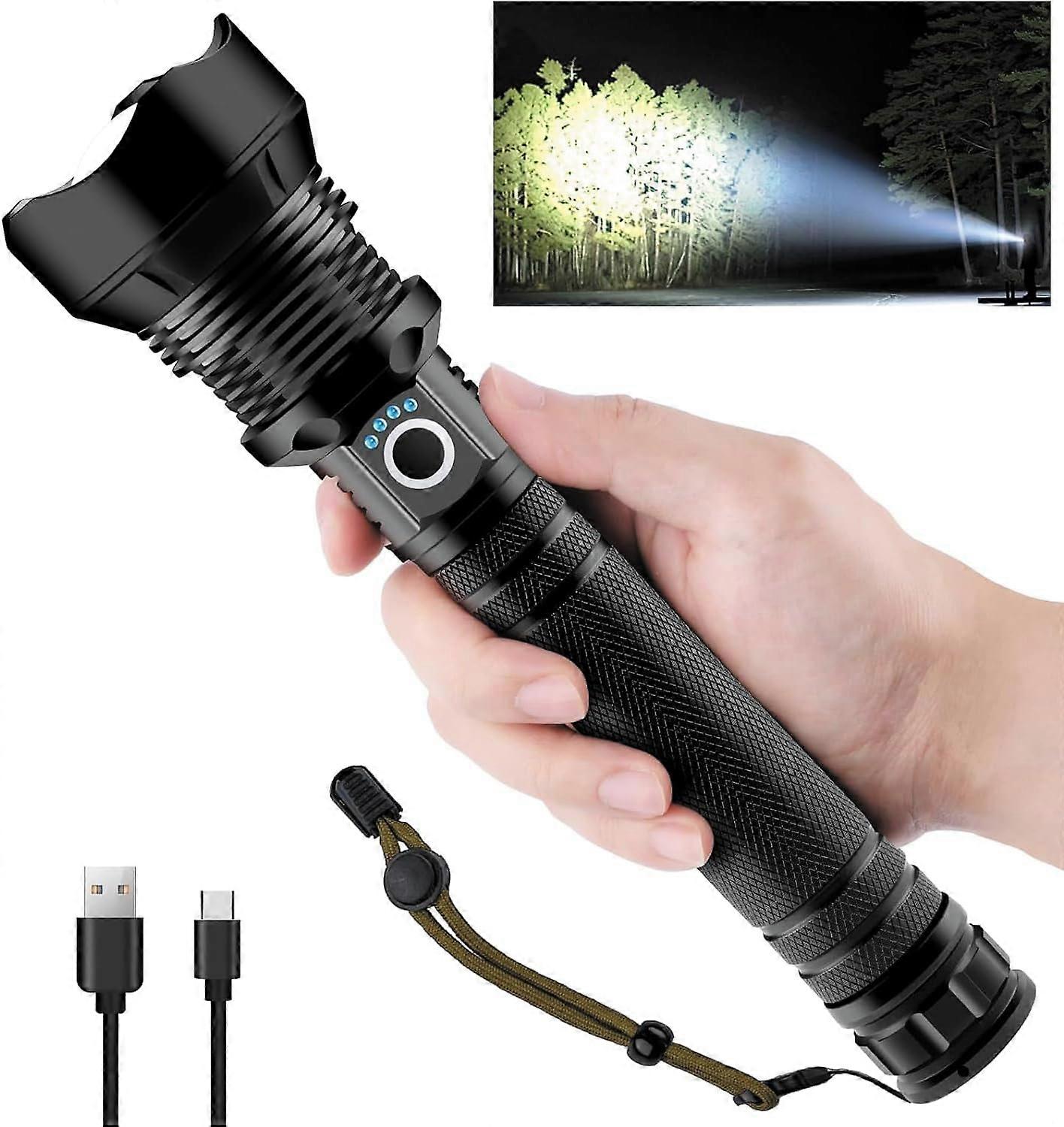 Ultra Powerful LED Flashlight, 600,000 Lumens USB Type-C Rechargeable Flashlight, XHP70.2 Adjustable Zoomable Waterproof Lighting Torch for Camping H