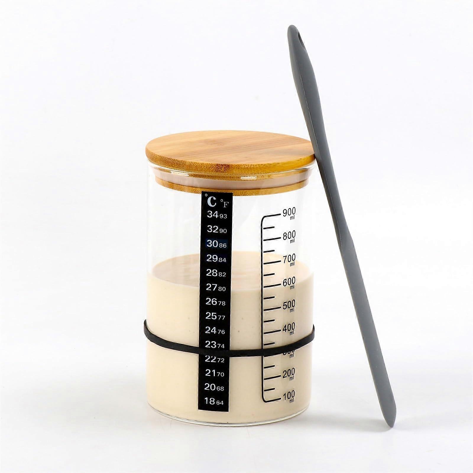 Sourdough Starter Set, Wide Mouthed Glass with Wooden Lid, Spatula Thermometer