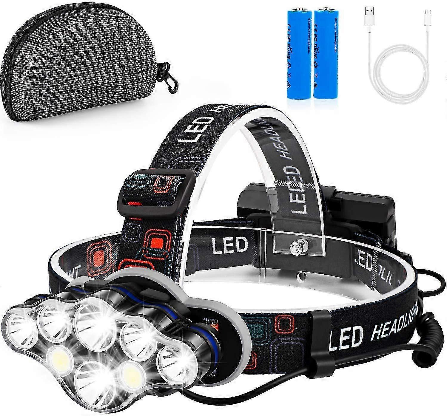 Lampe frontale rechargeable puissante, lumière LED 13000 lumens 8 modes pour une utilisation mains libres en camping, en course et en lecture