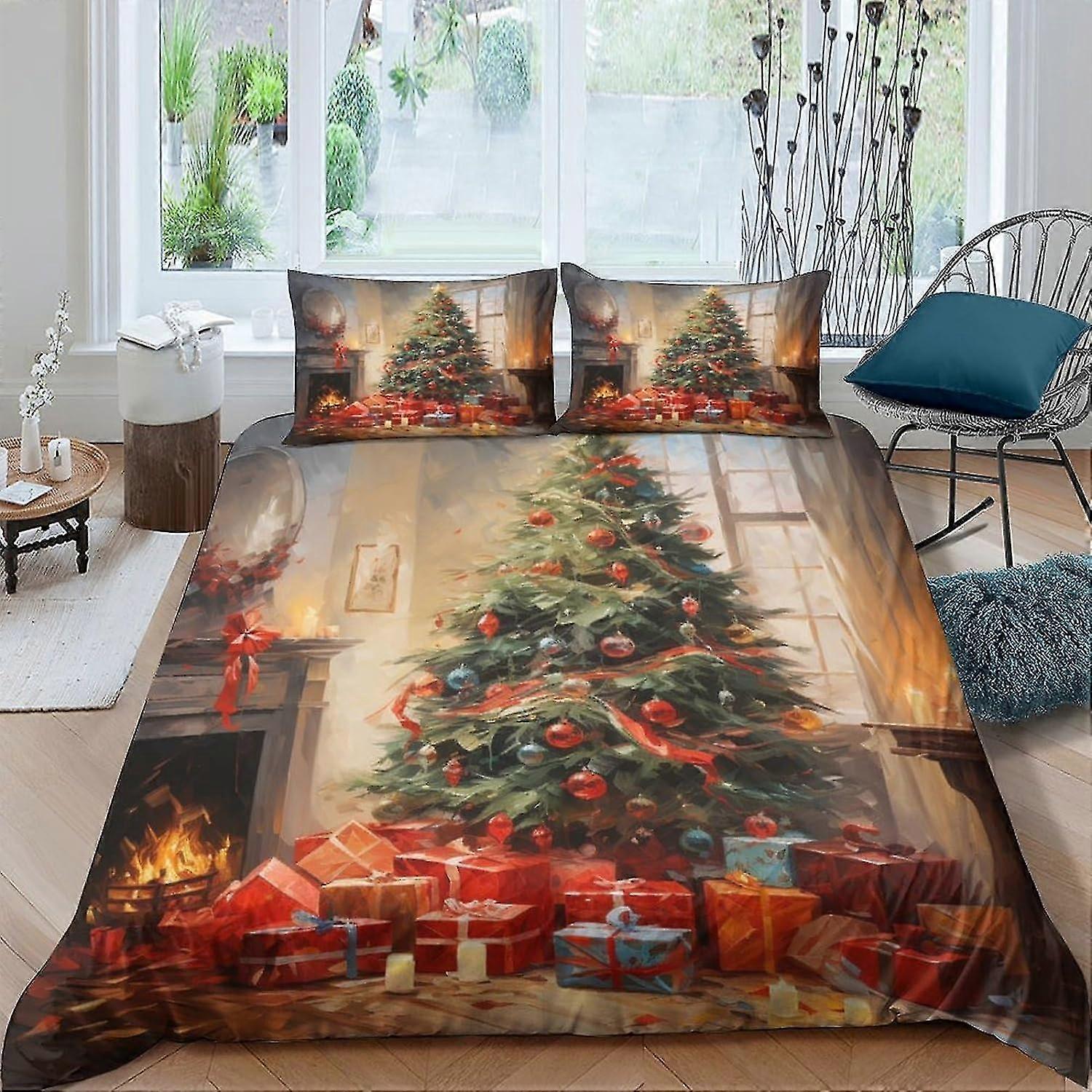 Conjunto de Capa de Edredom com Estampa de Árvore de Natal de 3 Peças com Capa de Edredom com Zíper & Fronhas para Decoração de Casa