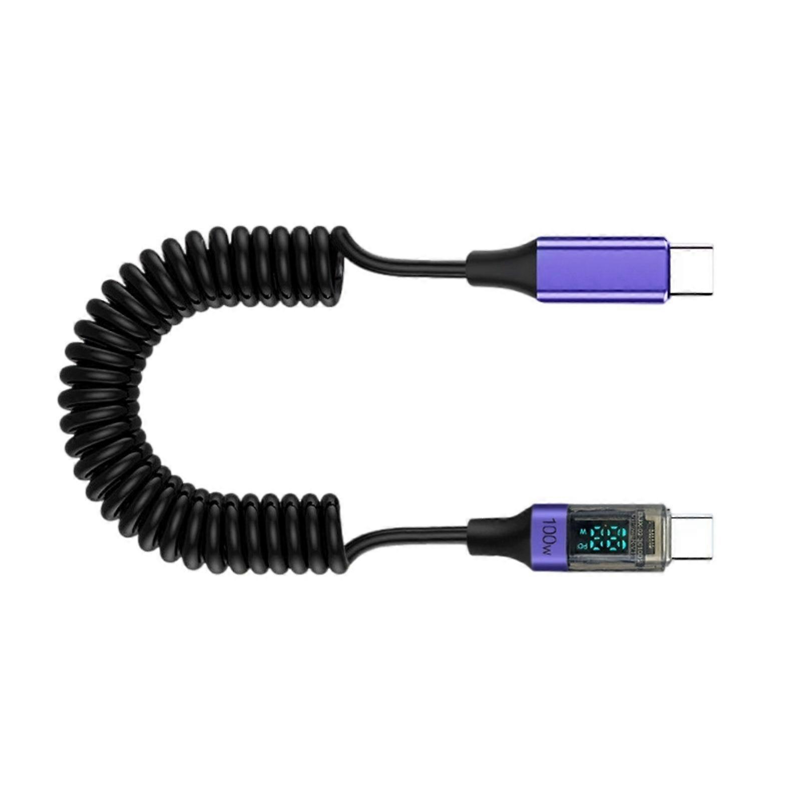 100W Super Fast USB C Cable Spring Coiled Stretchable Cord Digital Display Safe Charging Large power Delivery for Phones  Purple