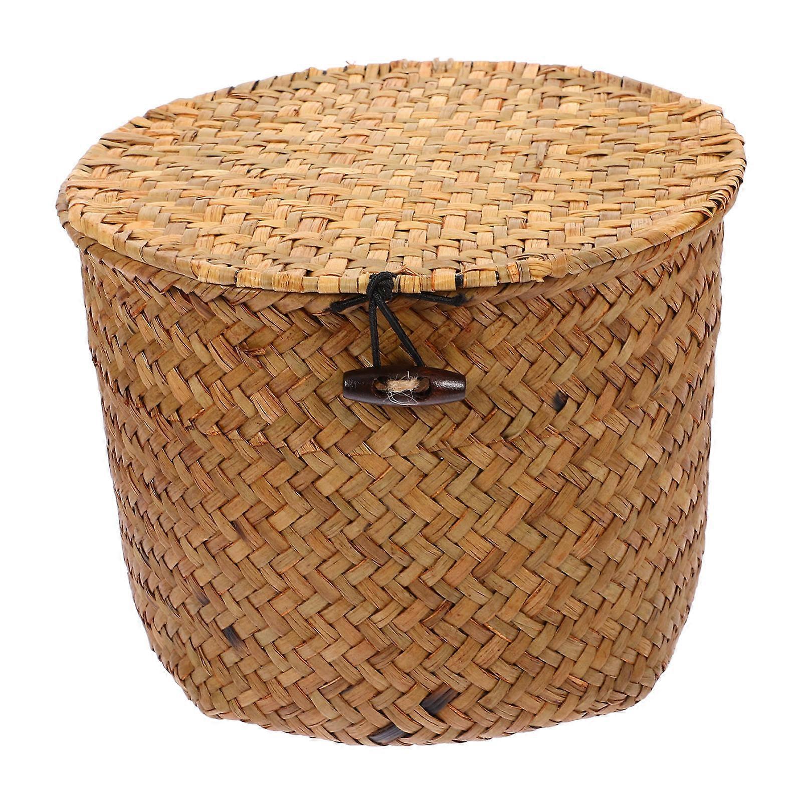 Portable Woven Storage Basket with Lid – Handwoven Organizer for Desktop, Bedroom, Bathroom & Dressing Use – Ideal for Snacks, Toiletries & Small
