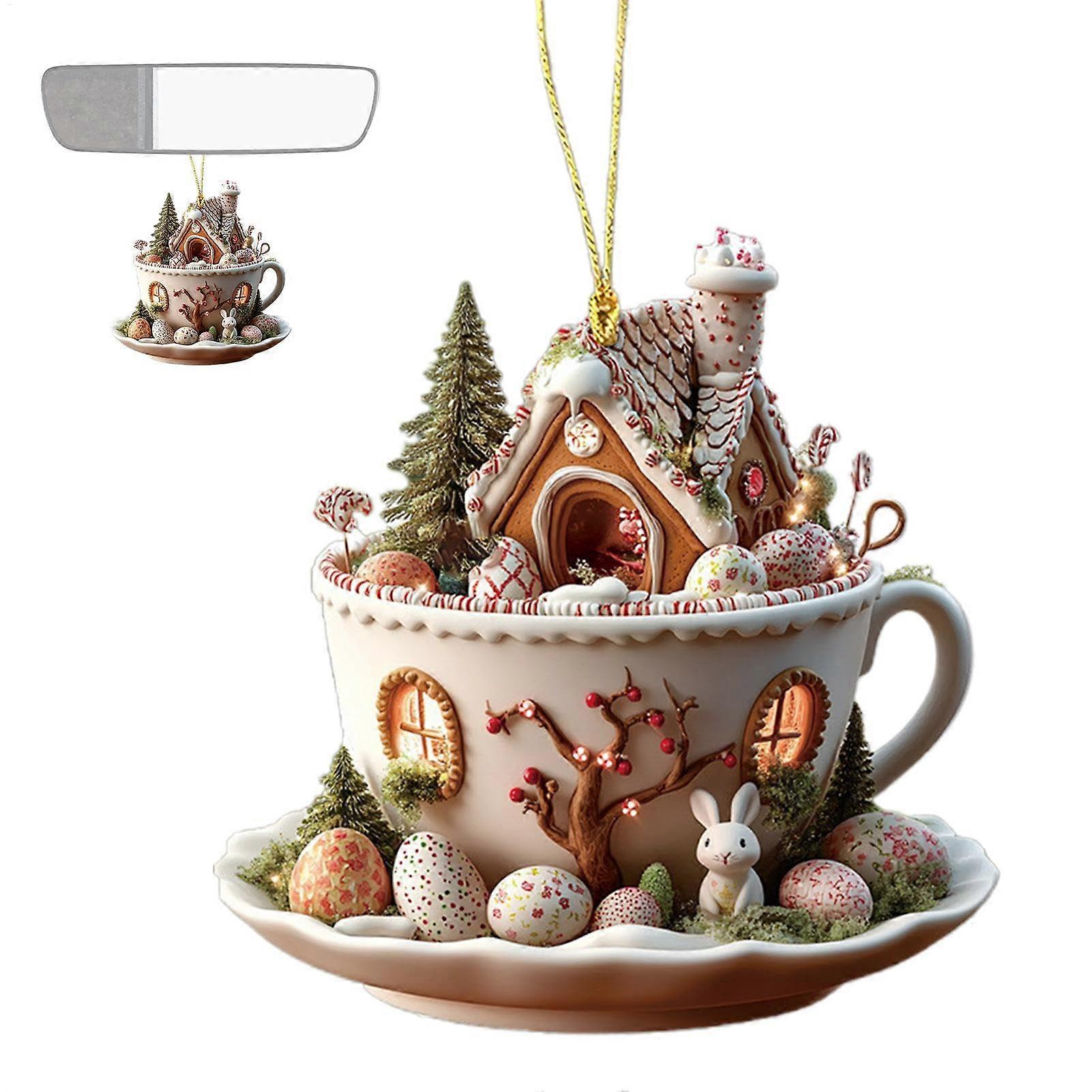 Coffee Cup Easter Decorations | 2D Acrylic Tree Ornament | Hanging Keyring Pendant for Window and Tree