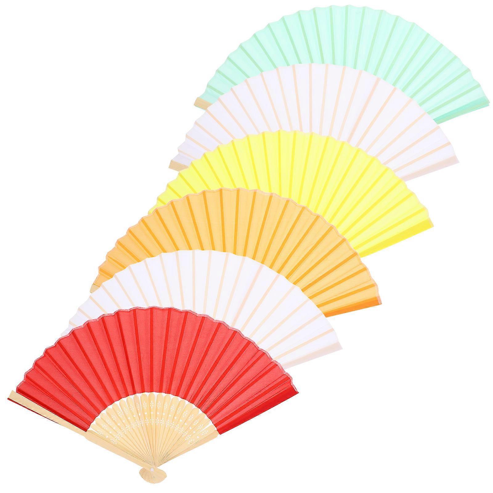 6pcs Handheld Folding Fans in Beige, White, Light Green, Orange, Red, Yellow – Ideal for Weddings, Parties, DIY Decor, and Performance Props