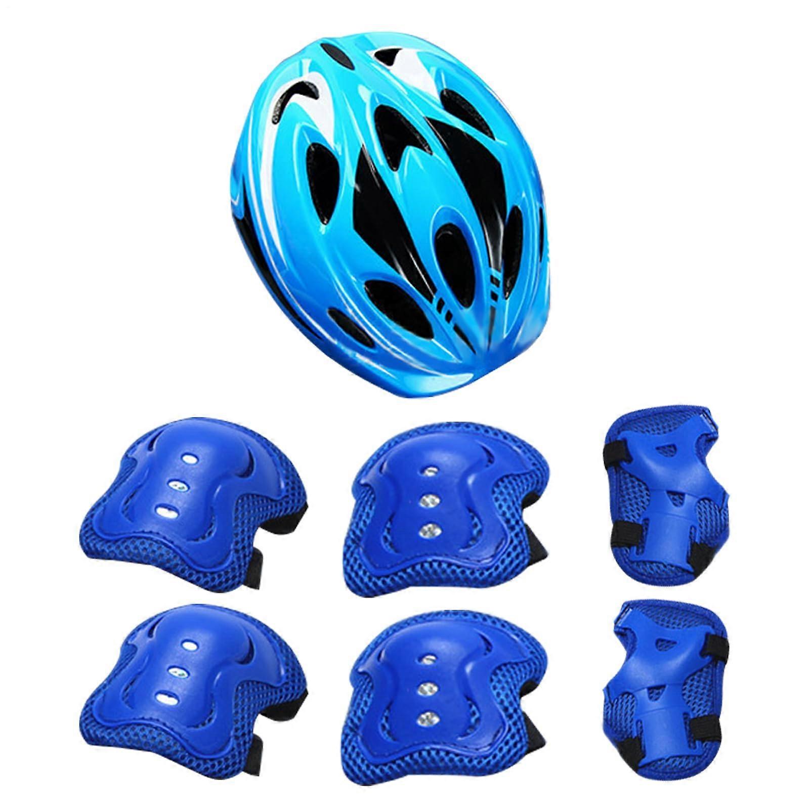 Kids Helmet And Knee Pads For Skateboarding With Wrist Guards And Elbow Pads - Blue, Adjustable Size, Safety Gear