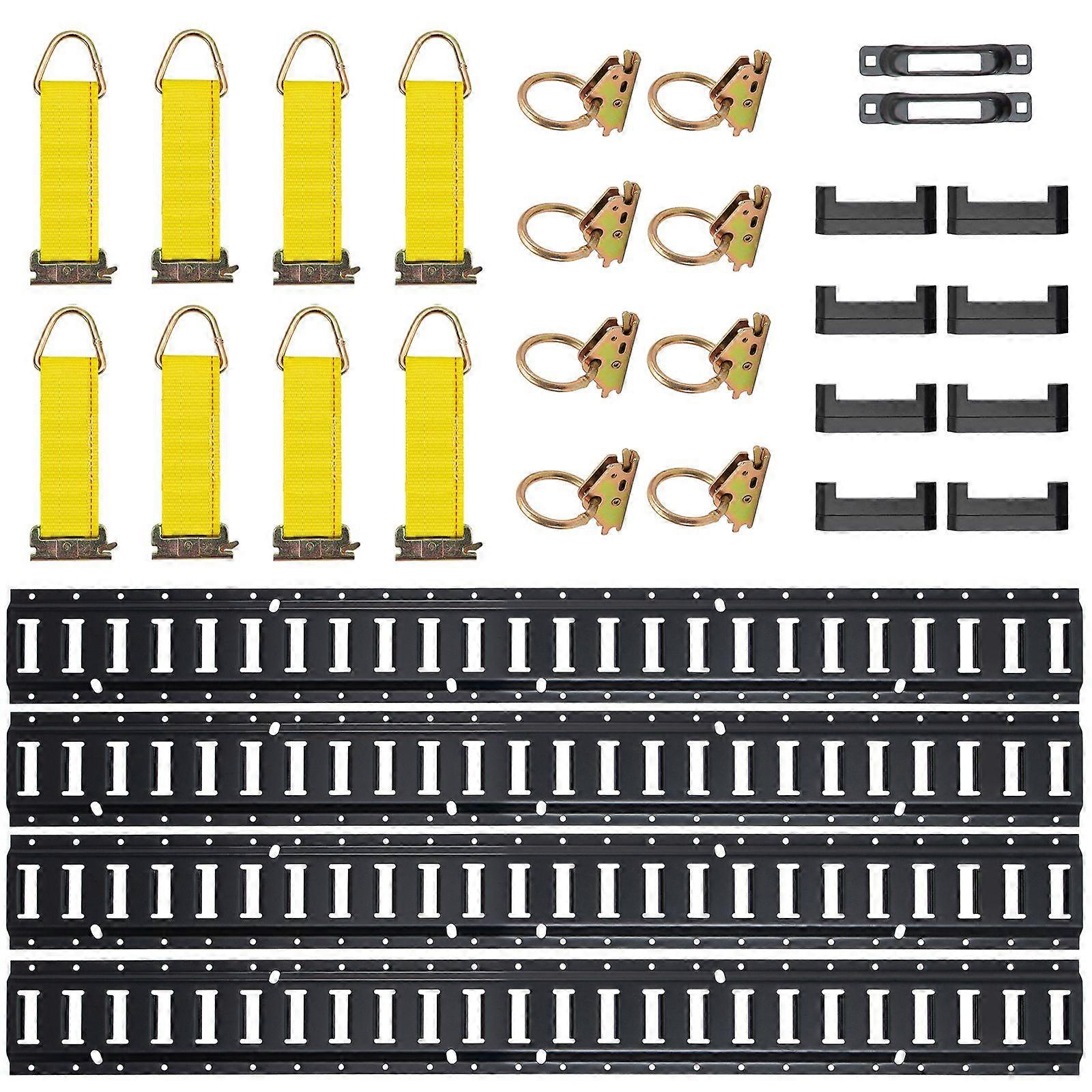 E Track Tie-Down Rail Kit, 30PCS 5FT E-Tracks Set Includes 4 Steel Rails & 2 Single Slot & 8 O Rings & 8 Tie-Offs with D-Ring & 8 End Caps