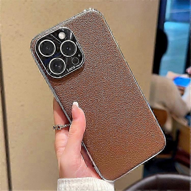 Compatible For iPhone 15 Pro Max Case Electroplating Edge Litchi Texture Leather + PC Phone Cover