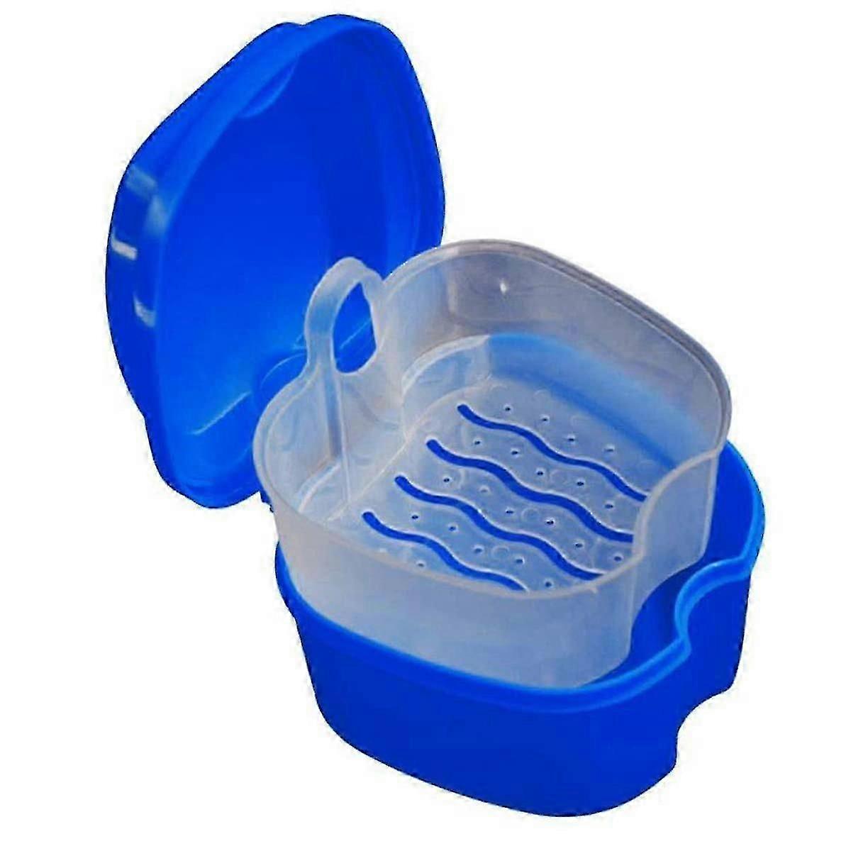 Denture Bath Case Portable Orthodontic Dental Retainer Box False Teeth Storage Container, Dark Blue