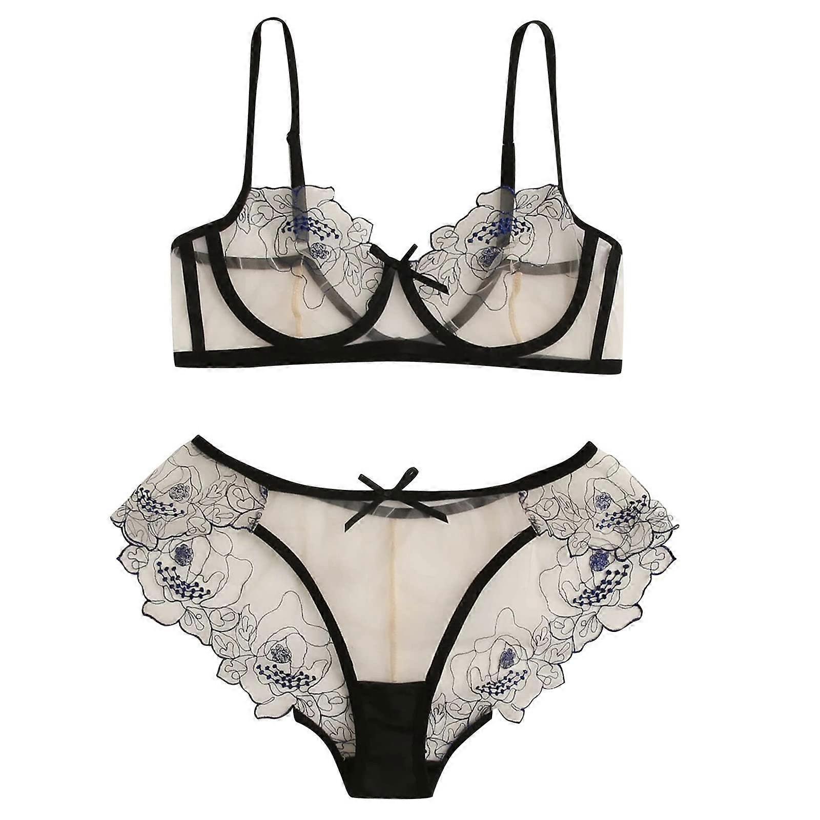 Large Size Women's Lace Underwear Set, Hollow Temptation Sleepwear with Bra and Open Crotch Briefs, Blue L