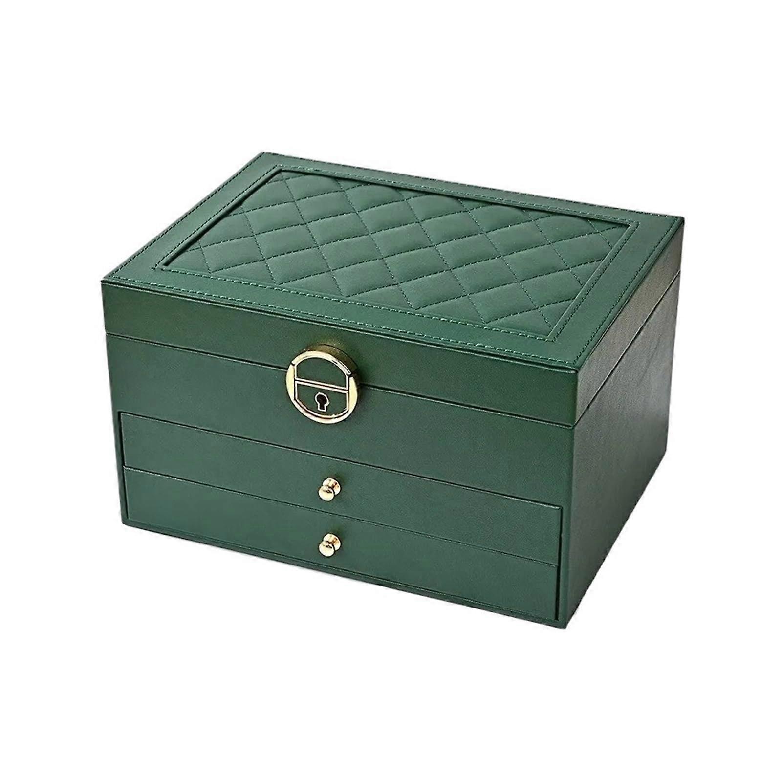 Stylish Leather Jewellery Box For Display And Storage, Multilayer Organiser For Necklaces And Earrings, Green