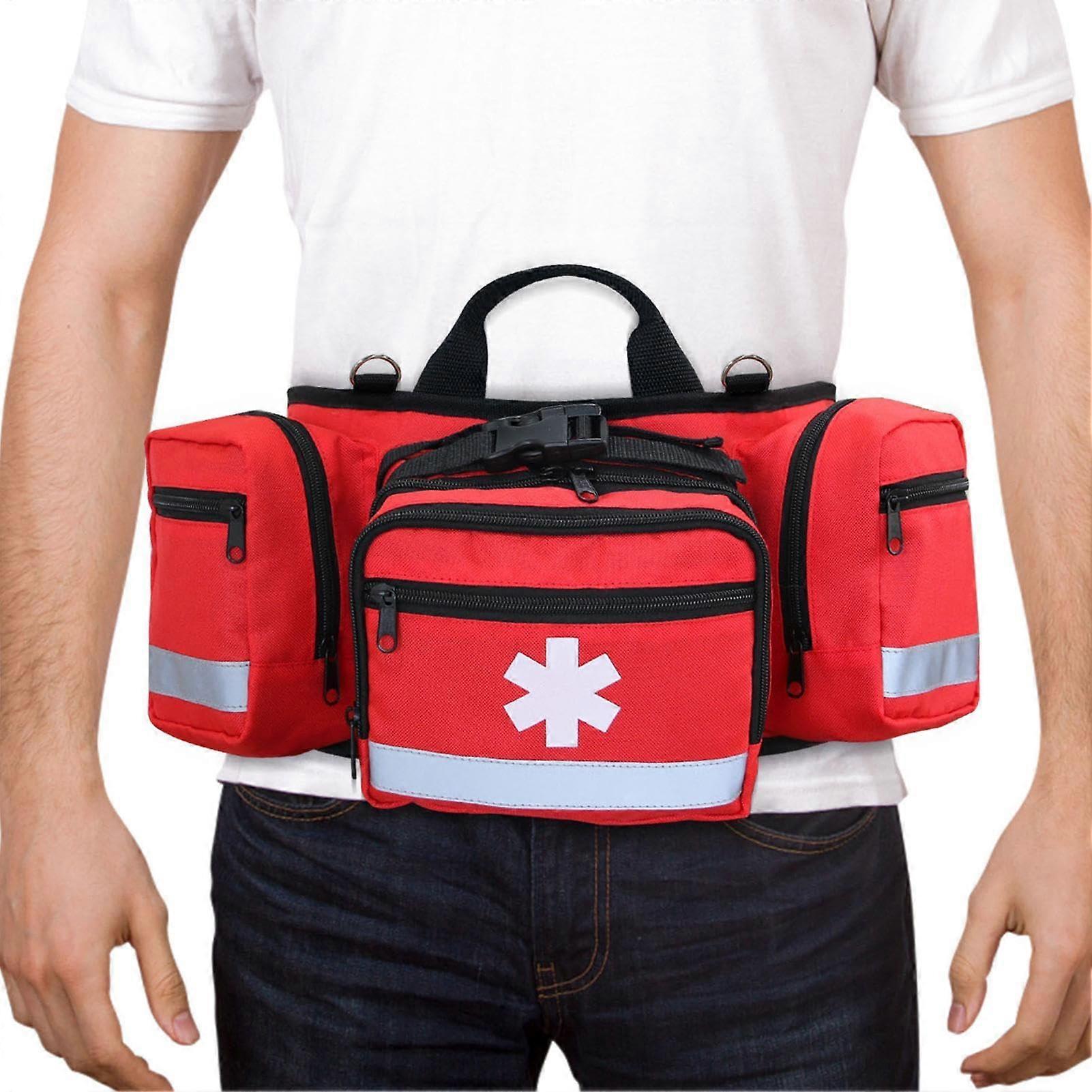 Aid Kit Bag Red For Outdoor Camping, Utility Pack Organizer With Zipper, Reflective Strips, Travel Case And Games