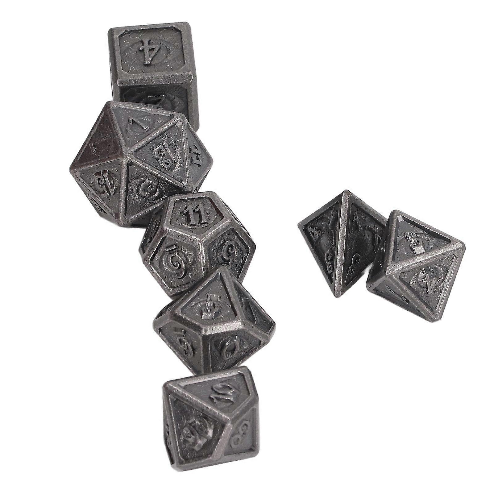 7Pcs Metal RPG Dice Set Clear Number Carved Pattern Polyhedral