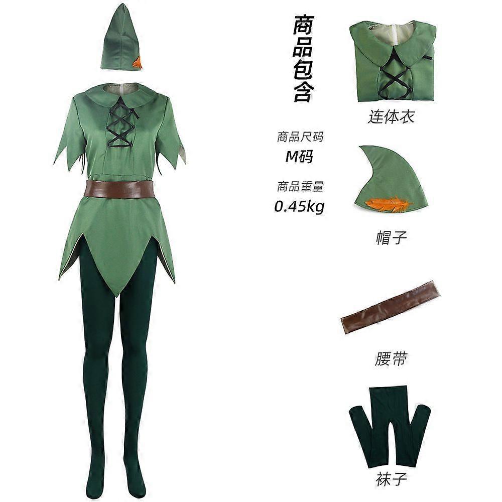 Peter Pan Tinker Bell Cosplay Costume Stage Performance Suit Unisex Jumpsuit with Hat Belt Socks