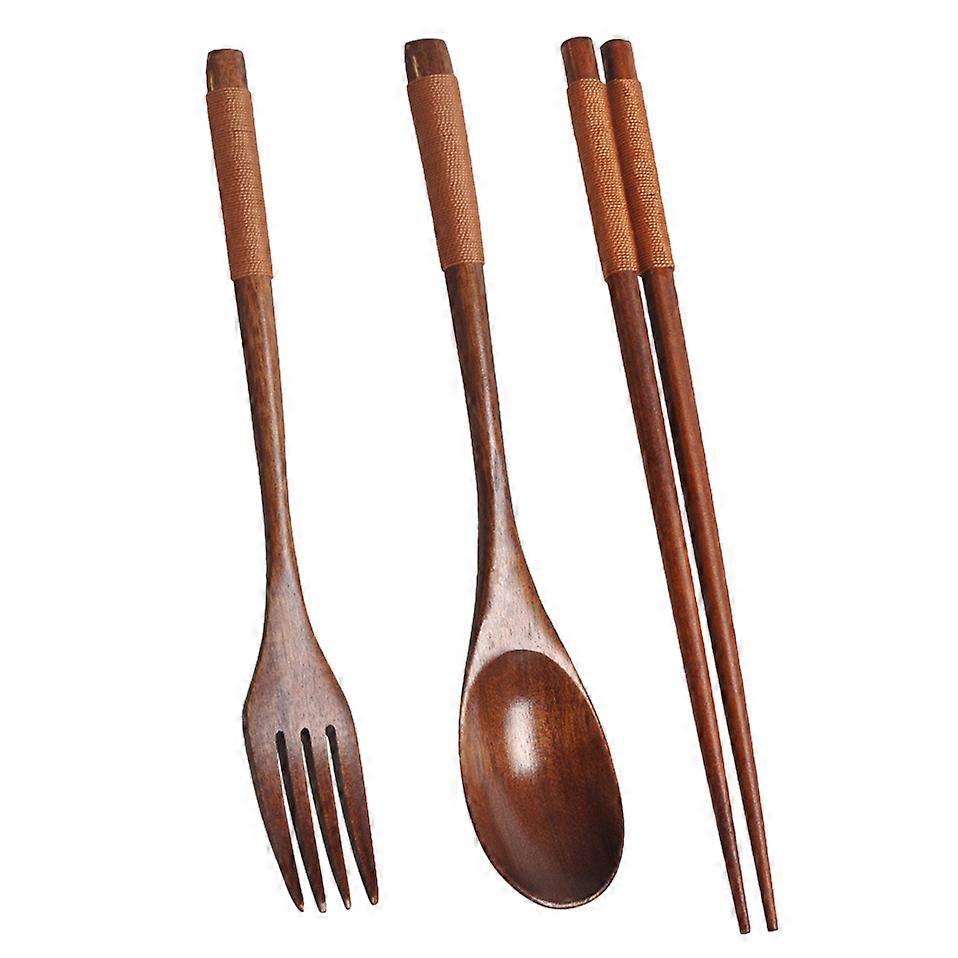 Wooden Flatware Set, Spoon Fork Chopsticks with Khaki Twining Thread