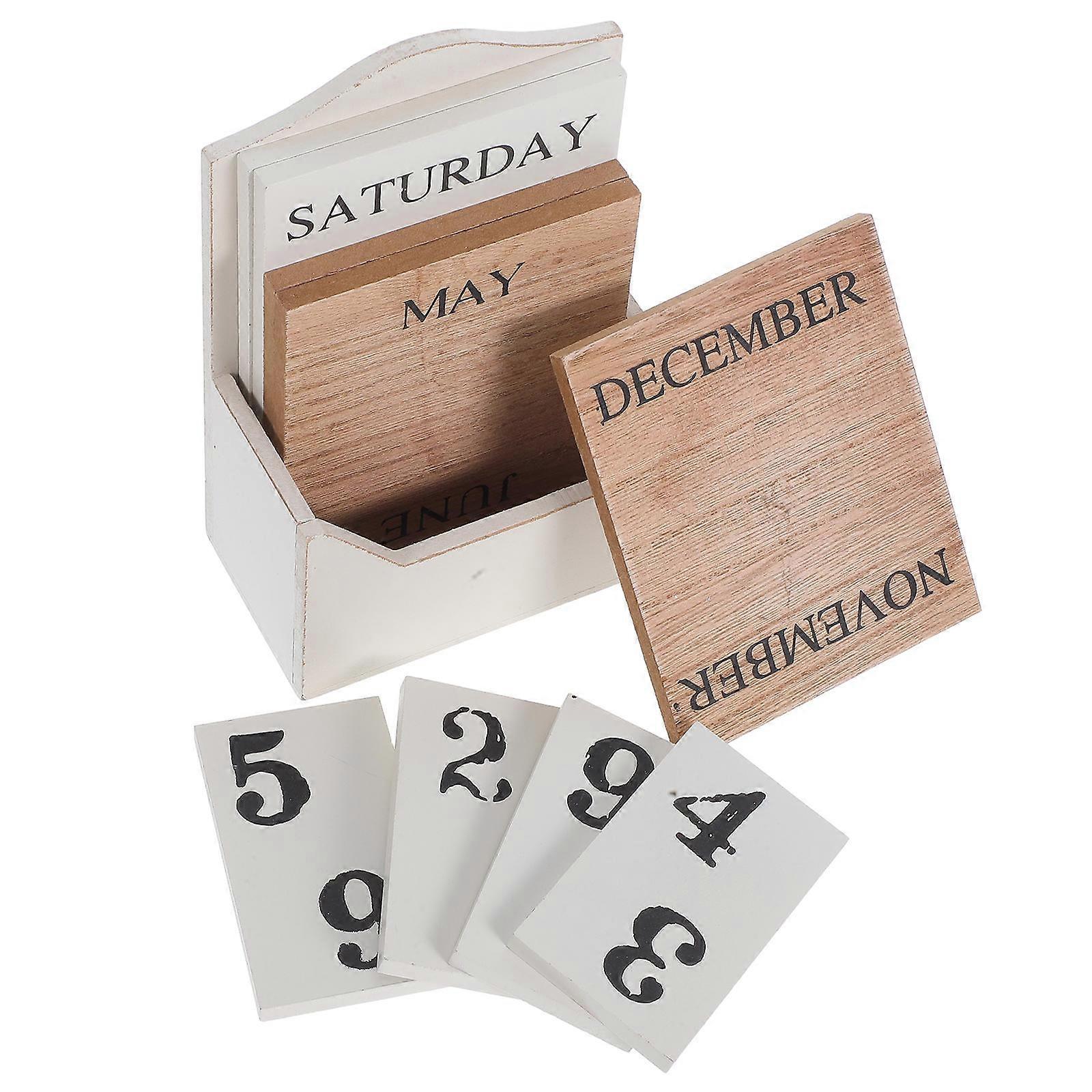 Perpetual Desk Calendar Vintage Wood Block Calendar Manual Date Display