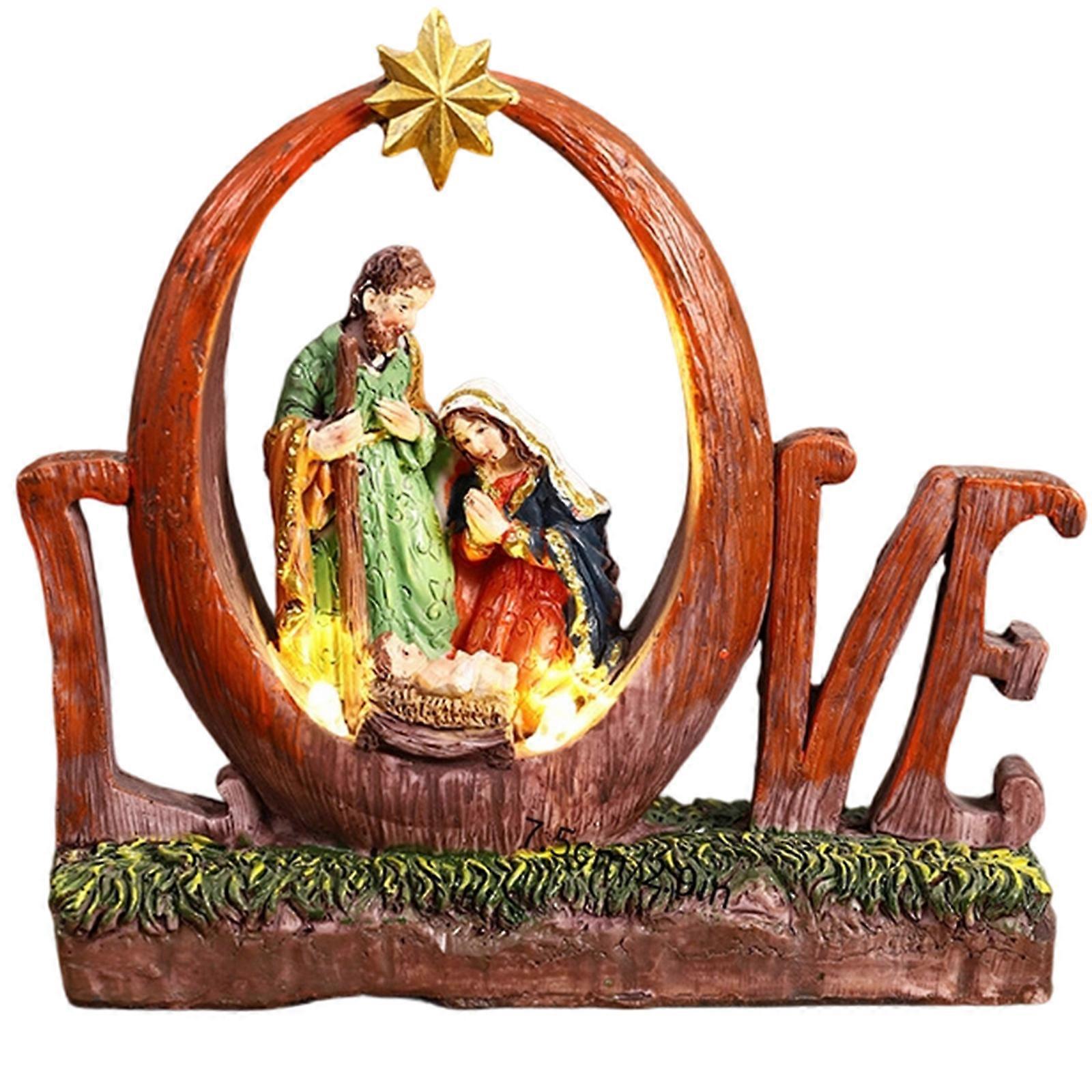 Artistic Resin Nativity Scene and Letter Figurine Sacred Decors Piece with LED Light for Prayer Room Table Shelf Display Multicolor