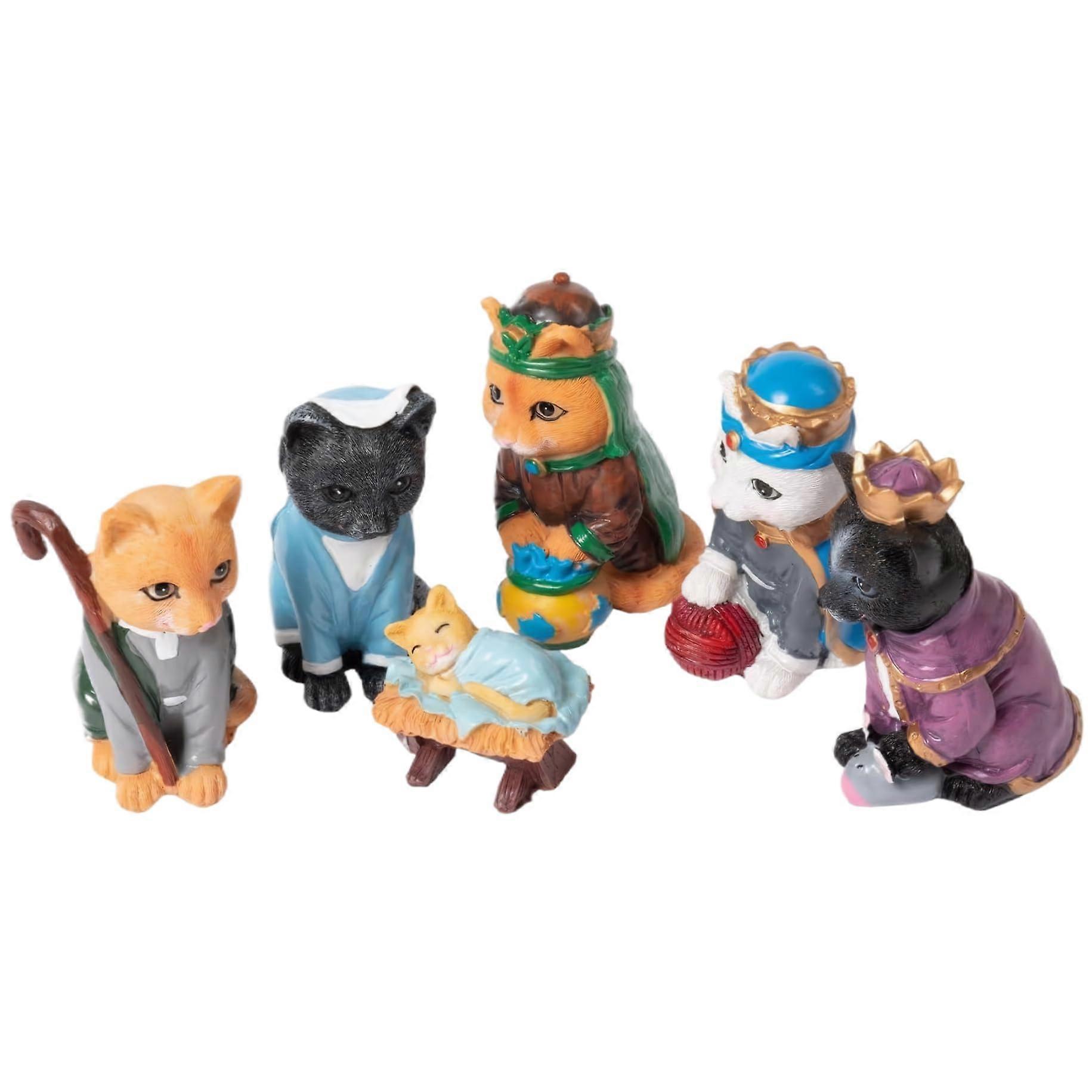 Nativity Scene Resin Sculpture Set of 6 Funny Simulation Cats for Halloween Decoration and Collectibles