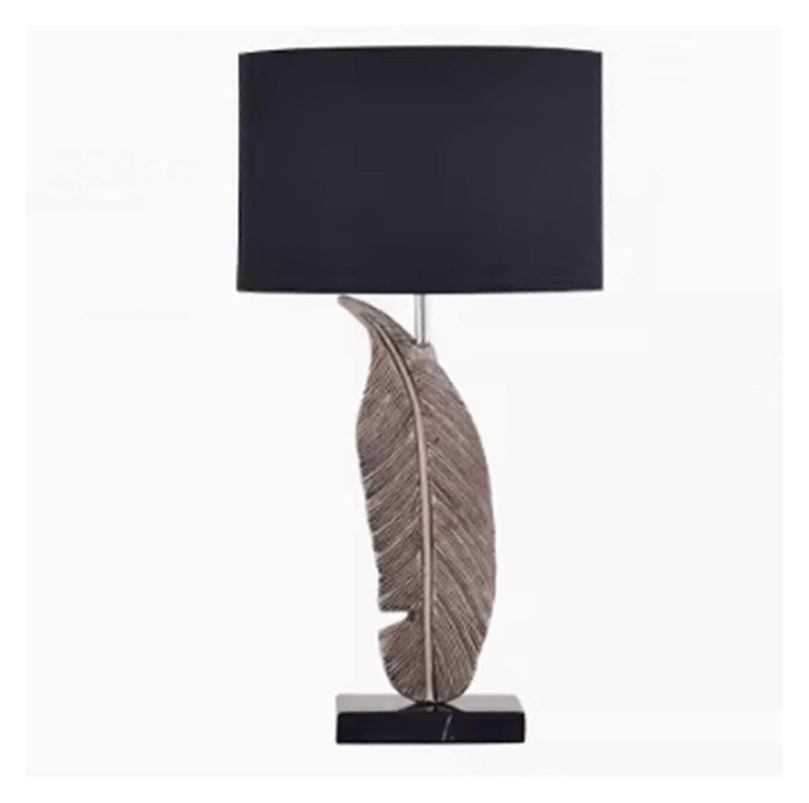 Bedside Table Lamp with Distinctive Feather Design and Marble Base, Black Oval Shade for Living Room