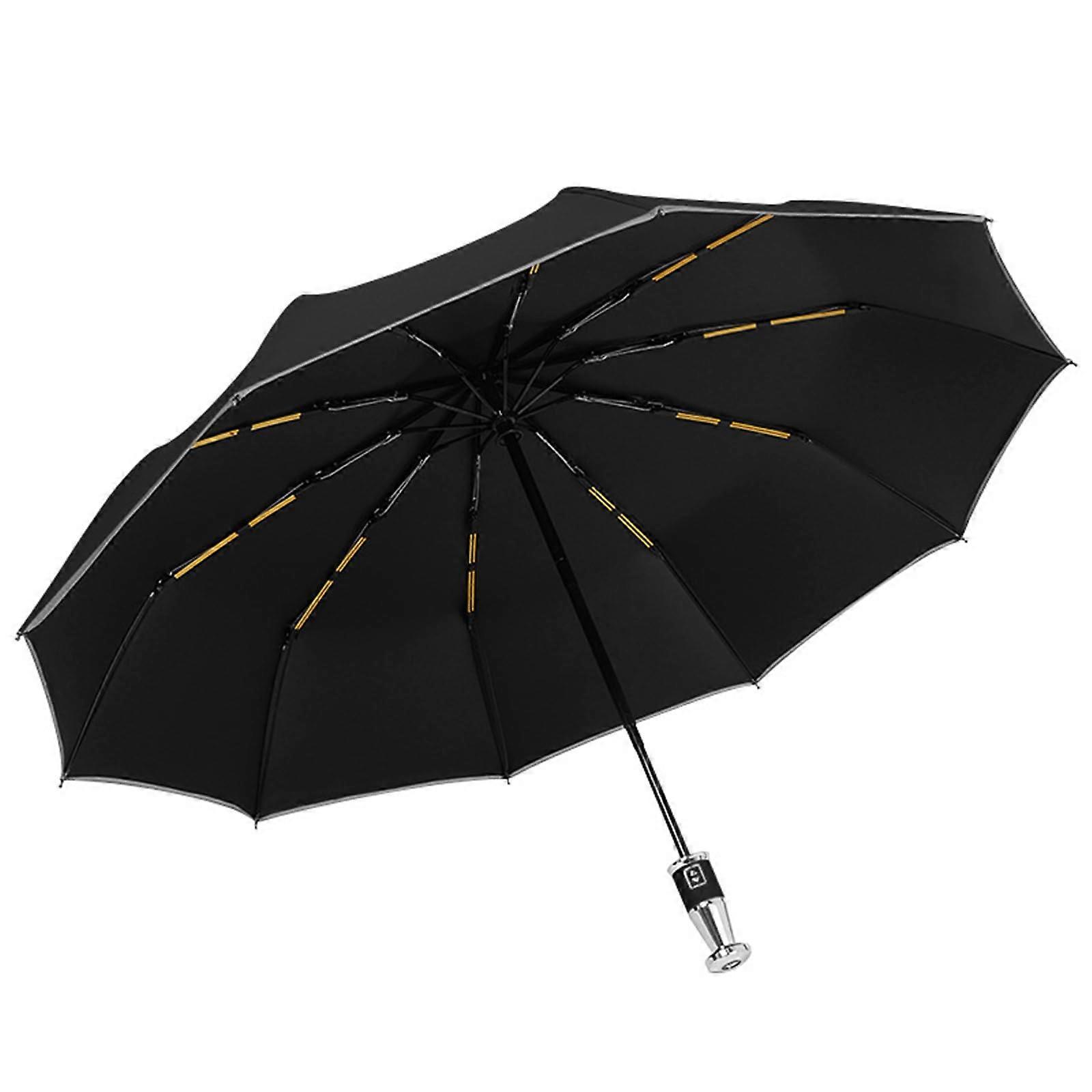Compact Travel Umbrella Windproof Canopy Automatic Open Close with Reflective Safety Strip Black