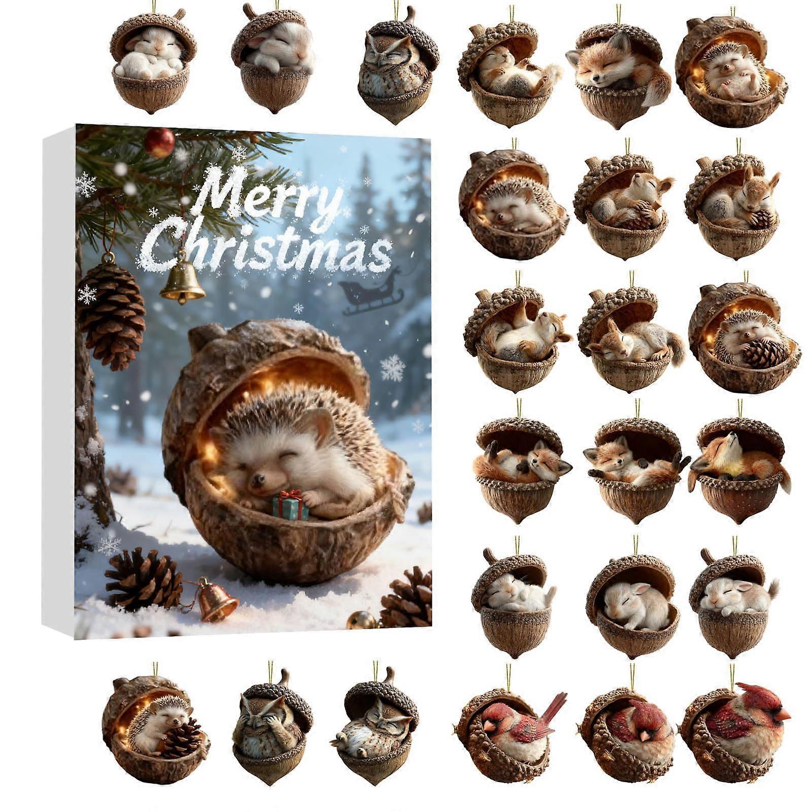 Christmas Advent Calendar with Woodland Animal Acrylic Acorn Ornaments for Tree Decoration 24Pcs