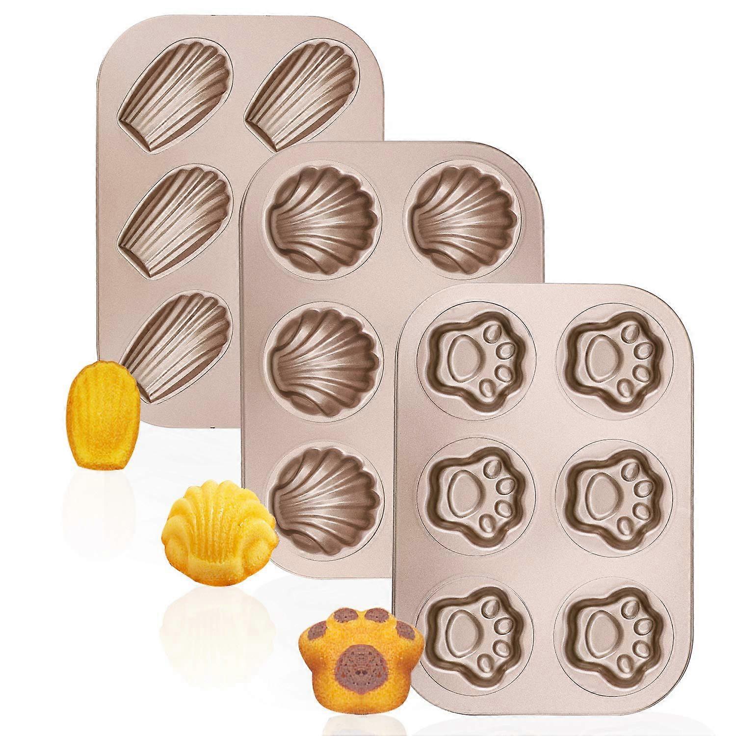 Madeleine Pan Set 3 Pack Nonstick Carbon Steel 6 Cavity Cat Paw Shell Banana Cake Mold