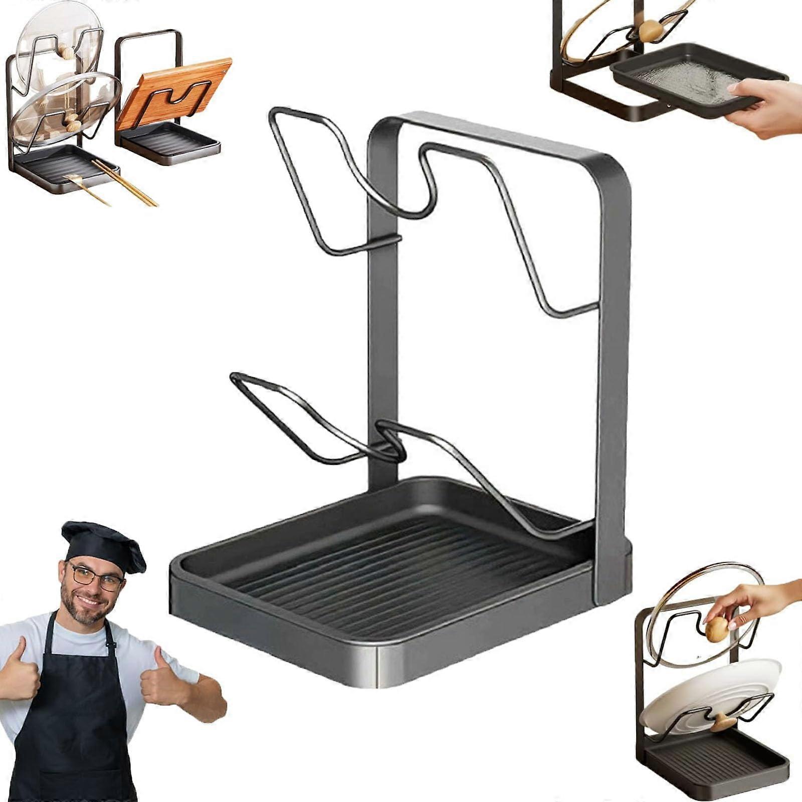 Pot Lid Organizer with Drain Tray, 2 in 1 Kitchen Lid and Utensil Holder for Countertop or Stove