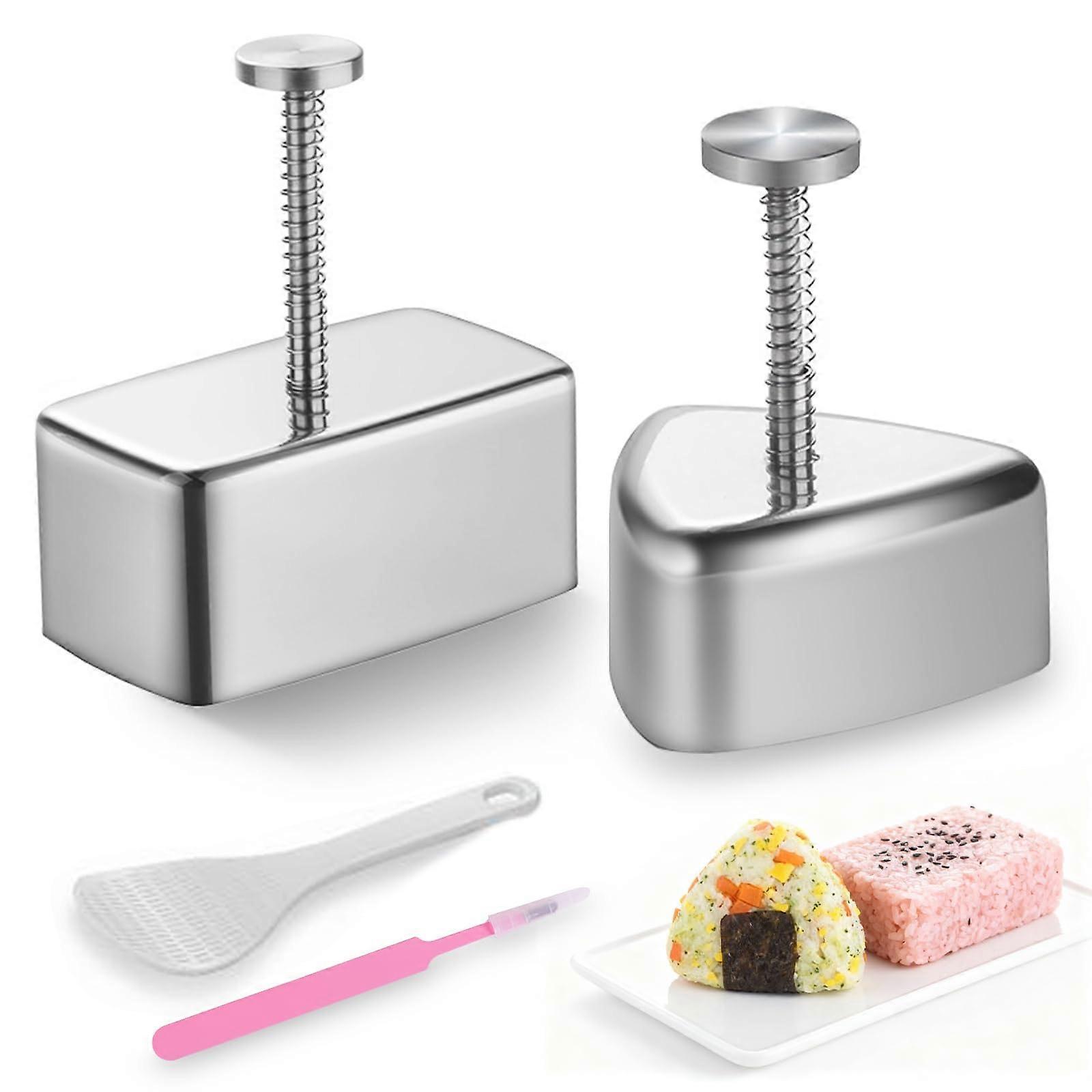 Onigiri Mold Set Stainless Steel Sushi Maker Kit with Triangle and Rectangular Shapes and Paddle
