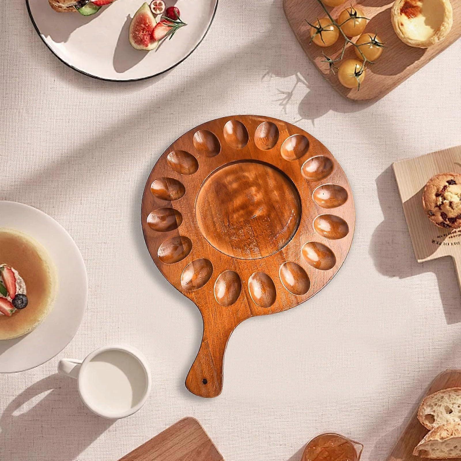 Deviled Egg Platter Acacia Wood Tray with Handle, 16 Hole Round Serving Board for Easter