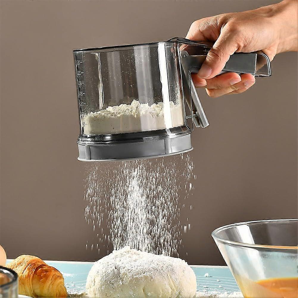 Flour Sifter Double Layer with Lid, Handheld Fine Mesh Baking Sieve, OneHand Squeeze Grip