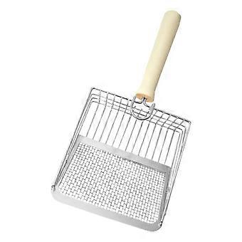 Kattesandskje i rustfritt stål med ergonomisk trehåndtak, finhullsdesign