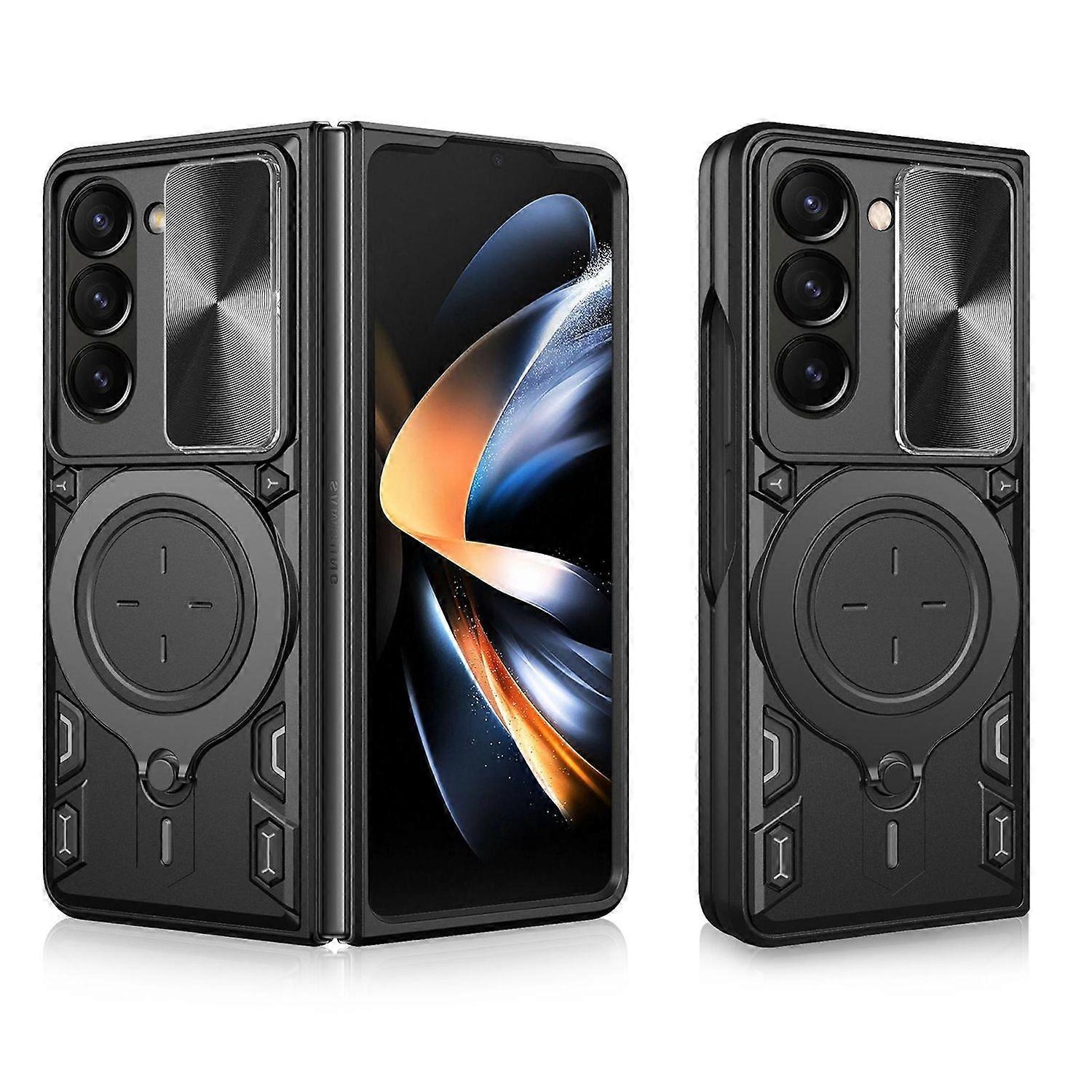 For Samsung Galaxy Z Fold7 5G CD Texture Sliding Camera TPU PC Ring Case Black