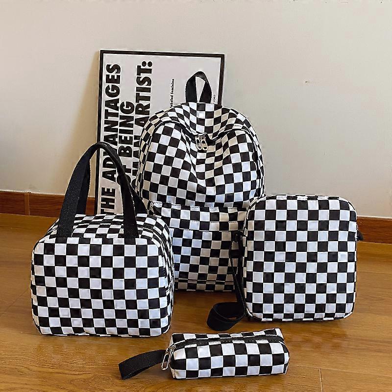 Checkerboard 4Pcs Backpack Set Crossbody&handbag&Pen Case Stitching Multi Pocket Adjustable Straps Campus Commute Bundle