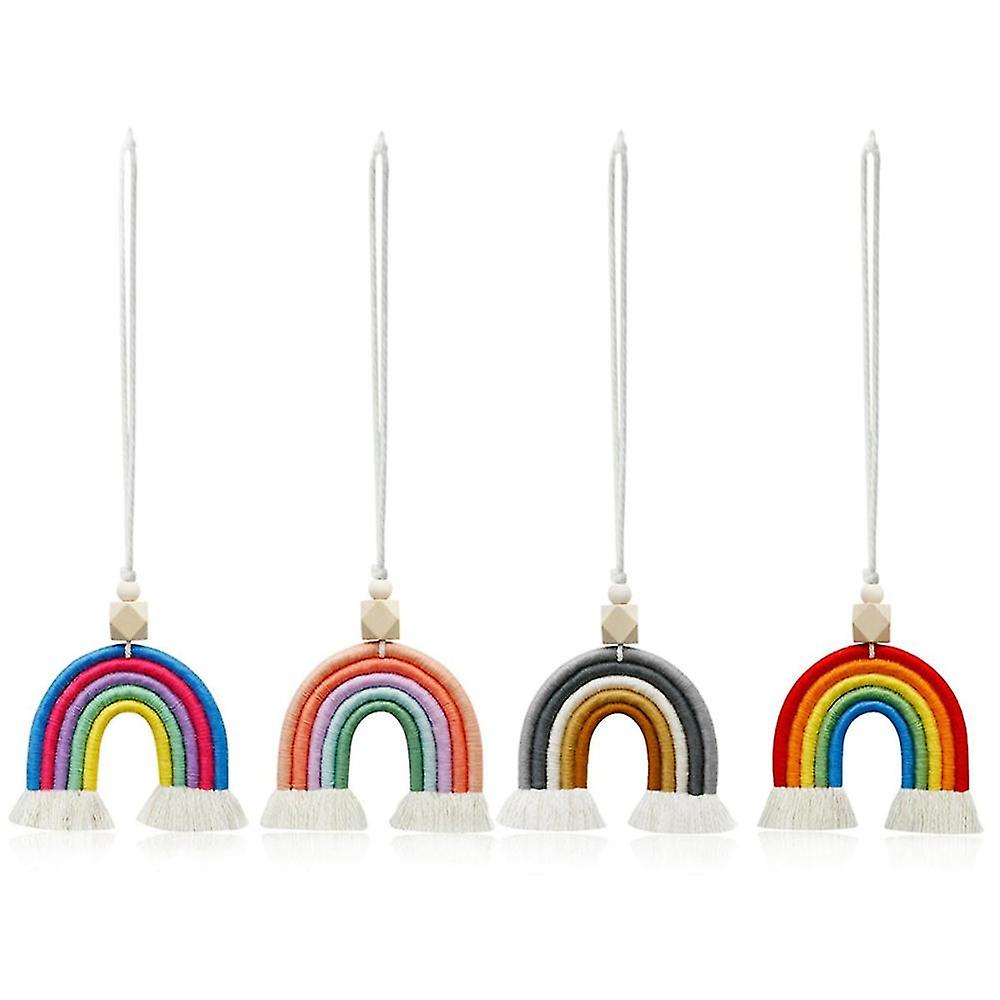 4pcs Car Rainbow Boho Charm Macrame Wooden Beads Rainbow Mirror Hanging Accessories Essential Oil Car Diffuser Decor