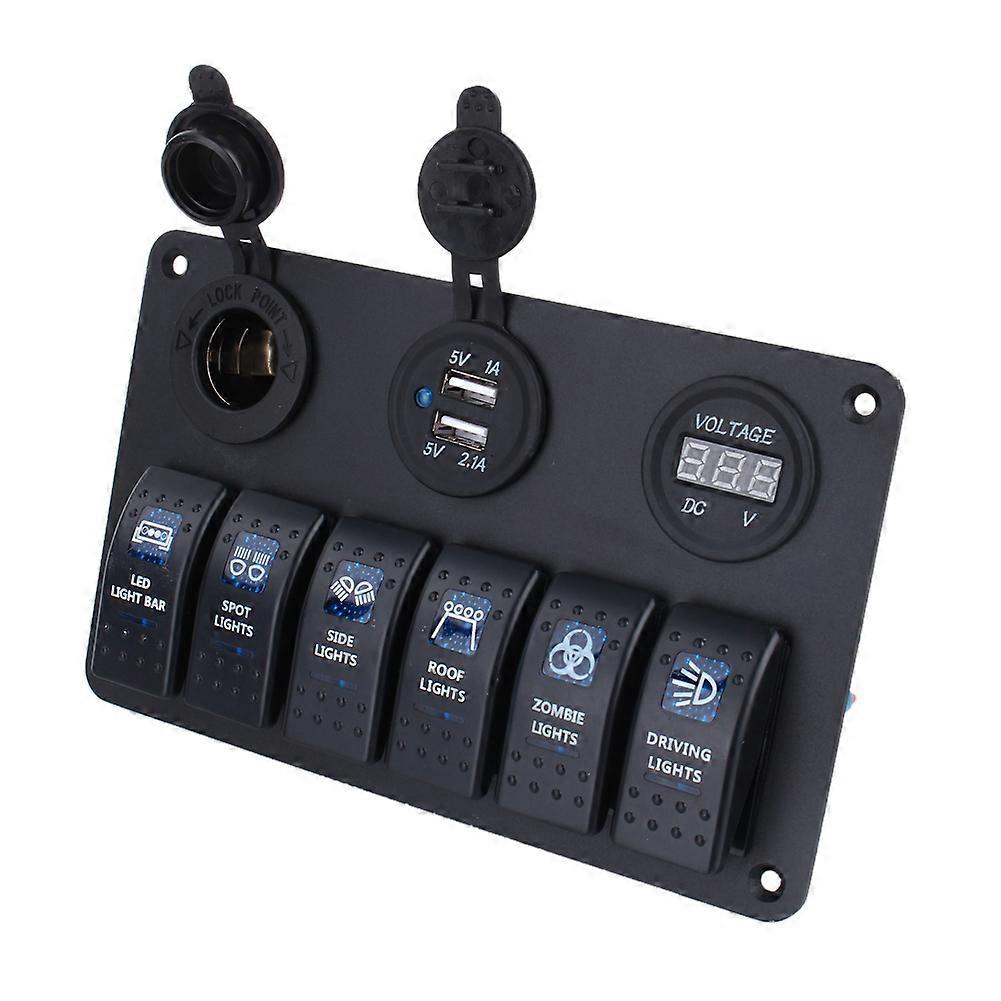 6 Gang LED Rocker Switch Panel for Car Boat, USB Socket, Cigarette Lighter Socket, Voltmeter