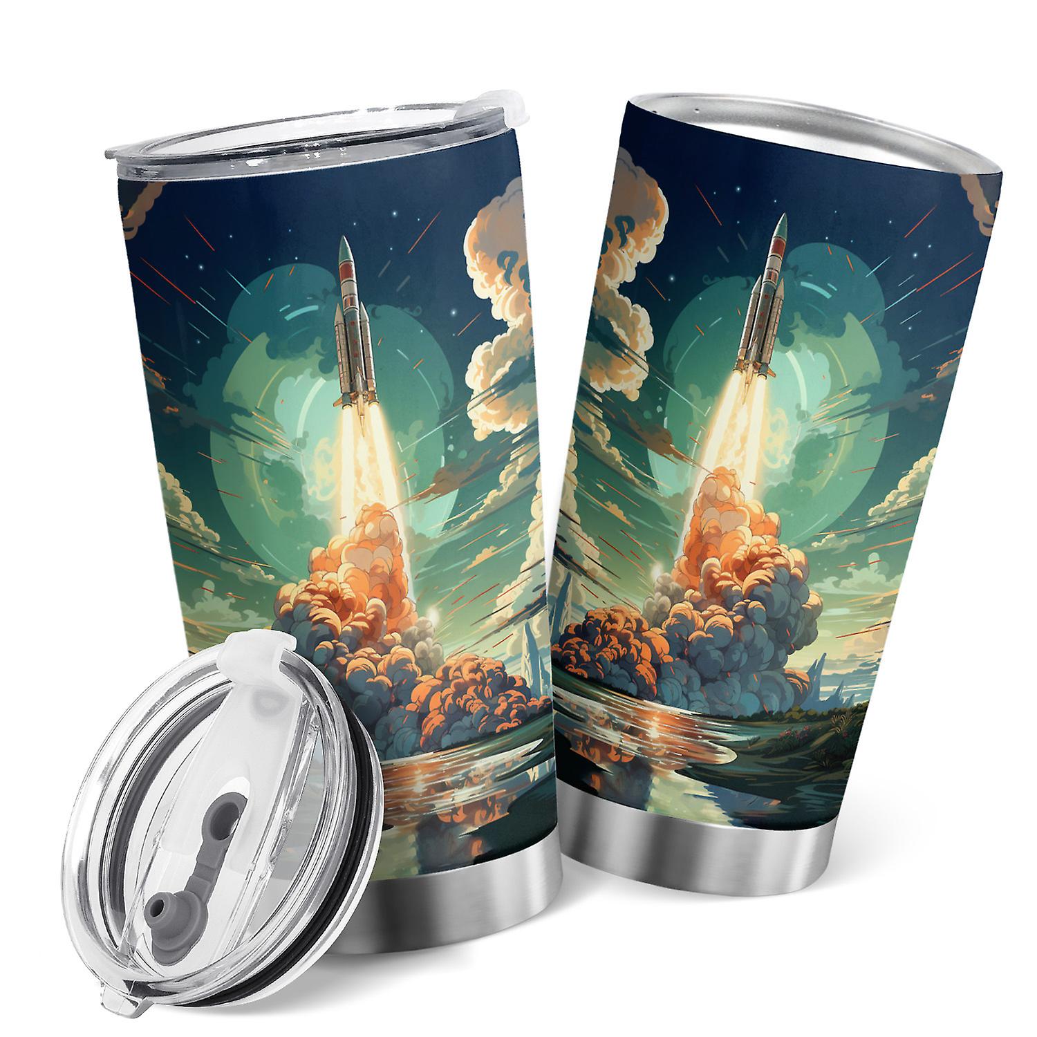 Oasisdream Space Rocket Flying Throught the Cloud Tumbler with Lid 20oz Stainless Steel Travel Coffee Cup