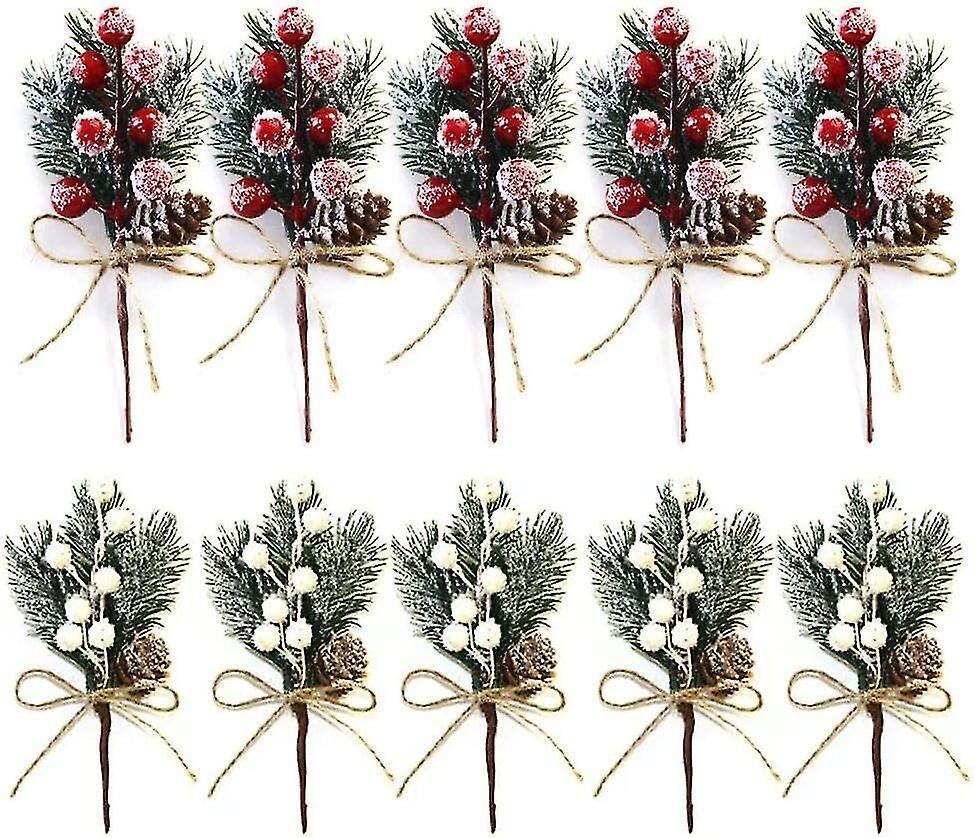 10pcs人工ベリー茎松の枝クリスマスレッドベリー松ぼっくり枝クリスマスDIYホームO